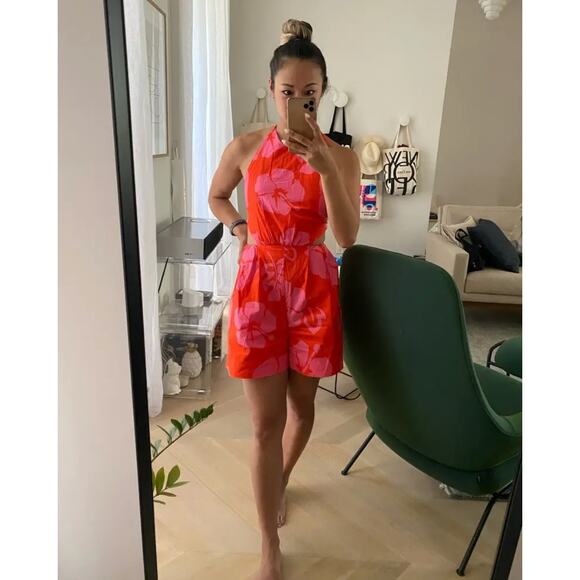 Staud Georgia Floral‎ Romper Red Pink Halter Cutout Open Back Sleeveless Sz 10 - Picture 6 of 14